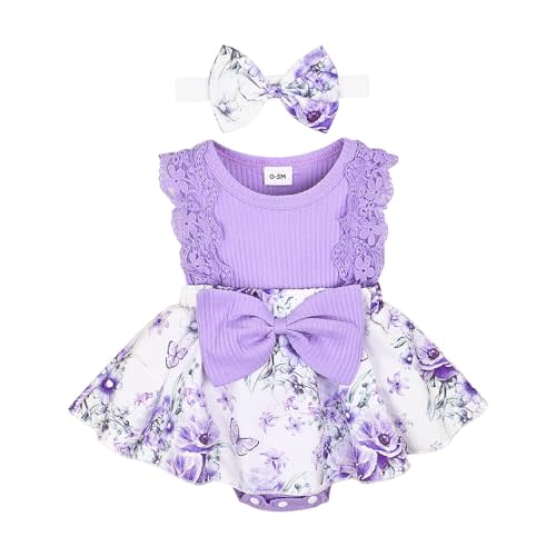 KAFIREN Baby Girl Clothes Newborn Romper Dress Infant Lace Ruffle Sleeveless Summer Outfits with Headband 0-12 Months