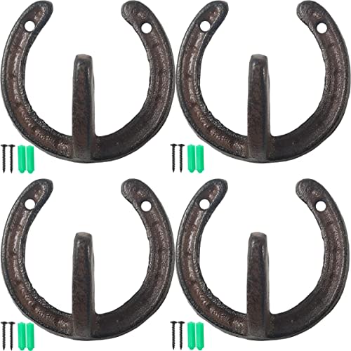 NSBELL 4PCS Cast Iron Horseshoe Shaped Wall Hooks - Vintage Coat Hat Horse Hanger - Farmhouse Decorative Hooks for Hanging Robe Towels Coats Bags