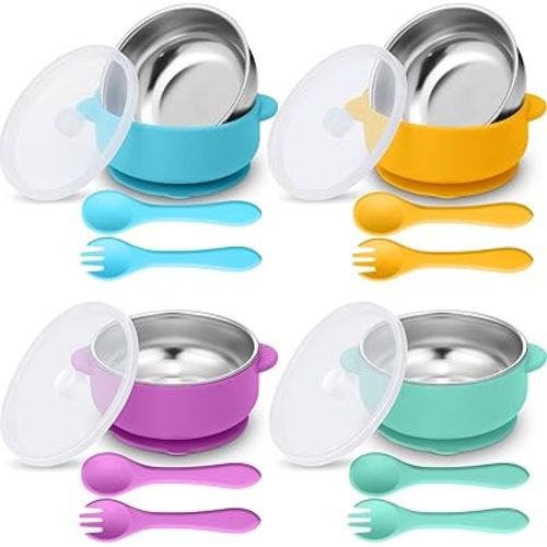 Nuogo 4 Sets 304 Stainless Steel Baby Bowls with Removable Silicone Shell Toddler Bowls with Suction Kids Bowls with Lids Spoons and Fork Anti Scald, Dishwasher Safe (Blue,Green,Yellow,Purple)