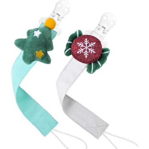 TYRY.HU Pacifier Clip for Baby, 2 Pack Neutral Pacifier Holder Clip for Girls Boys, Soft Webbing Soothie Christmas Binky Clips Fit All Pacifiers, Cute Baby Shower Gift,Tree & Candy