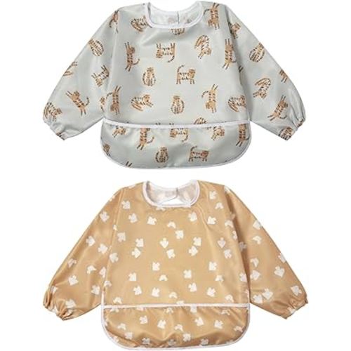 Little Dimsum Mess-Proof Baby Bibs|Infant Toddler Long Sleeve Waterproof Feeding Art Smock|Catching Food & Wipe Clean| Pack of 2 Colors(tiger&pigeon)