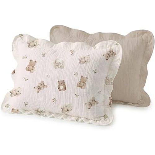 Muslin Ruffled Toddler Pillowcases 13"x18" 2 Pack, Soft, Breathable Muslin Cotton Travel Pillow Covers with Envelope Closure for Baby Boys, Girls & Kids (Teddy & Friends-Ruffled, 13 x 18 Inch)