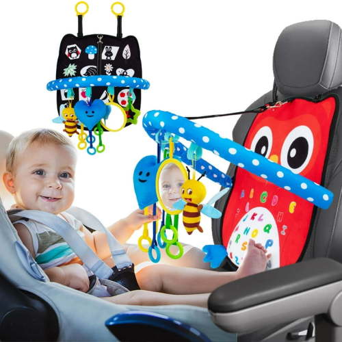 teytoy Baby Car Toys Rear Facing,Double Sided - Adjustable Car Seat Toys for Babies 6-12 Months with Baby Mirror Teether Toy and Sensory Pull String Toy ,Baby Travel Carseat Hanging Toys