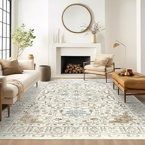 6x9 Area Rug for Living Rooms, Stain Resistant Neutral Washable Rugs for Dining Rooms, Floral Vintage Non-Slip Thin Large Size Area Rugs(Beige)