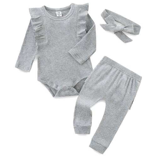Fullfamous Baby Girl's 3pc Rib Frill Long Sleeve Romper and Pant Set