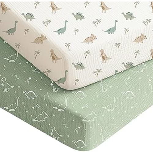 Konssy Muslin Crib Sheets for Boys, Soft Cotton Neutral Baby Sheets for Standard Crib Mattress 2 Pack, 52"x28" (Dino Jungle,Sage Dino)
