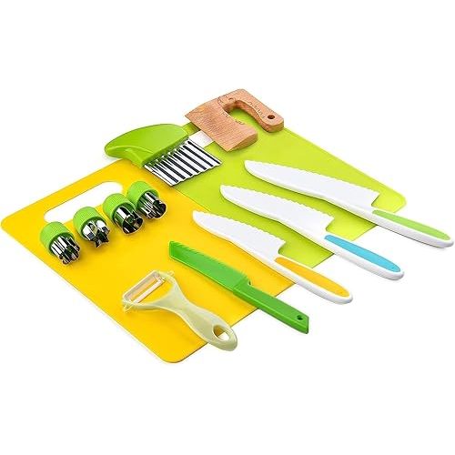 Tmflexe 13Pcs Kids Knife Tools Set for Toddlers Kids Cooking Safe Baking Cutting Knives Children Beginners Cut Fruits Salad Veggies Cake Serrated Edges Kid Knives Crinkle Cutter Cutting Board Set