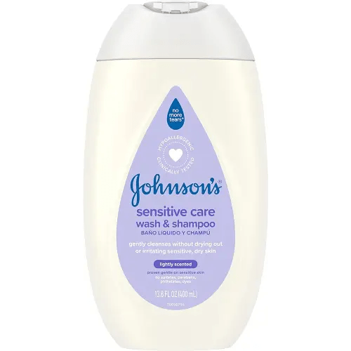 Johnson's Sensitive Care Baby Body Wash & Shampoo, Daily Moisturizing 2-in-1 Baby Wash & Shampoo to Gently Cleanse Dry, Sensitive Skin, Lightly Scented, Tear-Free, Hypoallergenic, 13.6 fl. oz