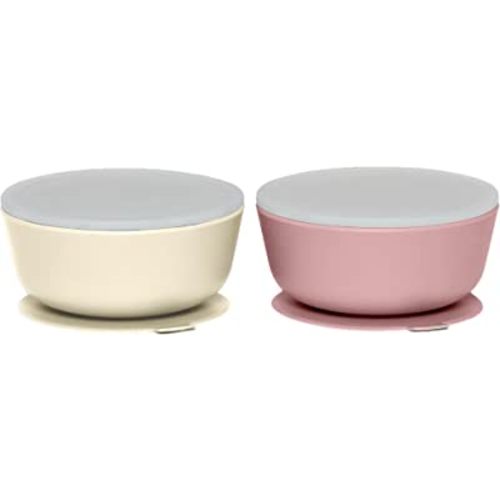WeeSprout Silicone, Plastic Dishware Bowls Leakproof Premium Lids Durable for Babies and Toddlers, Dishwasher, Microwave and Freezer Safe Set of 2, Muted Pink + Muted Off White