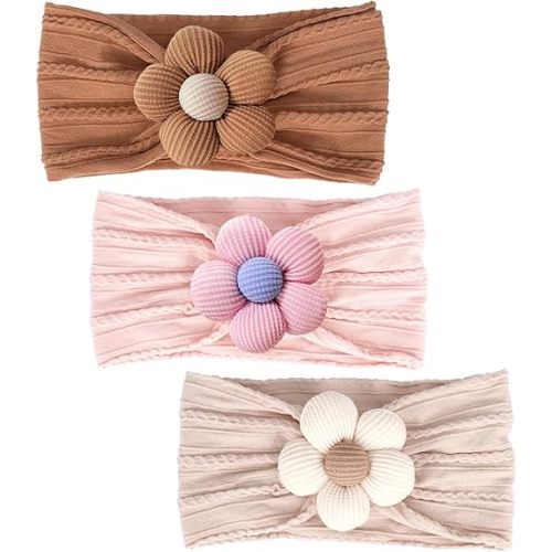 3 Pcs Baby Flower Headbands Baby Girls Nylon Headbands Soft Hairbands Hair Accessories for Newborn Infant Toddler Kids (Beige,Pink,Brown)