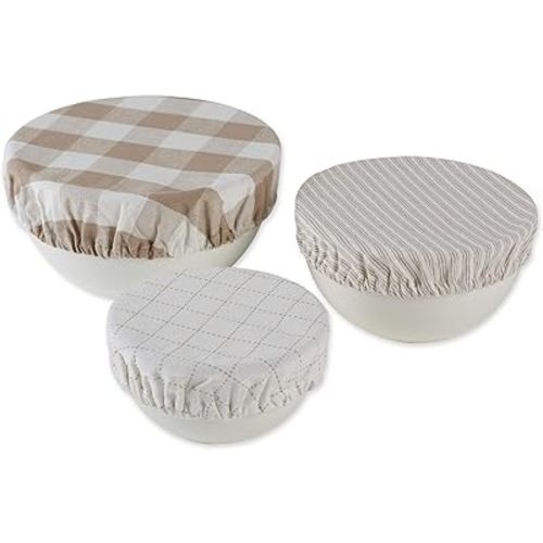 DII Reusable Cloth Bowl Cover Collection Machine Washable, Cotton with Elastic Stretch for Food Storage, 10.25"/8.25"/7.5" Diameter, Farmhouse Plaid, Stone, 3 Piece