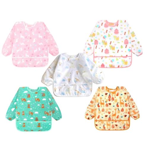 Accmor 5 Pack Long Sleeve Bibs, Baby Smock Waterproof Sleeved Bib Smock for Baby Toddler 6-36 Months