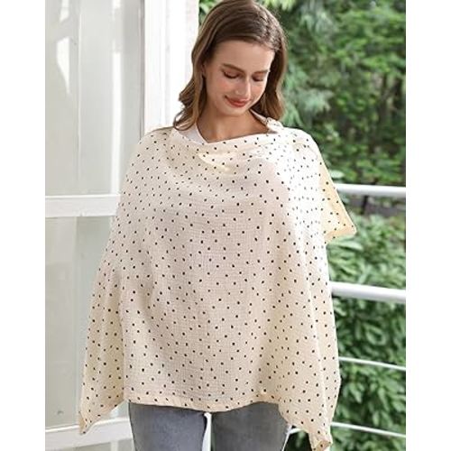 Nursing Cover for Baby Breastfeeding with Rigid Hoop, Breathable Soft 100% Muslin Cotton, Baby Breast Feeding & Pumping Apron, Multi Use Baby Car Seat Stroller Cover (Beige polka dots)