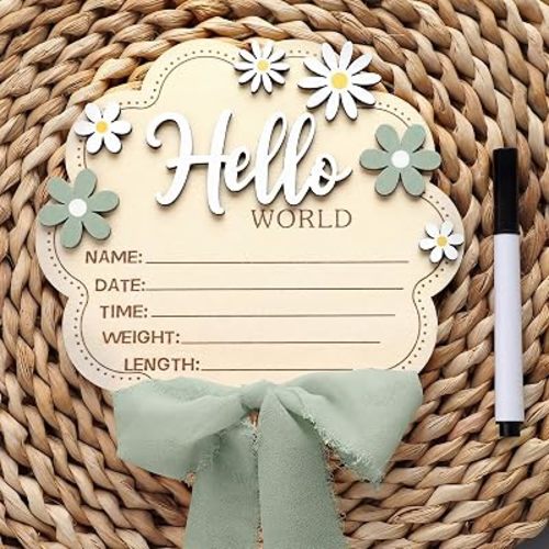 Sage Green Bow Hello World Newborn Baby Sign Flower Baby Birth Announcement Sign with Pen Newborn Essentials Registry Personalized Wooden Hospital Board for Nursery Expectant Mothers