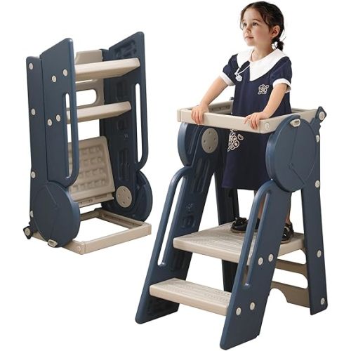 UNICOO® Kids Toddler Tower & Ladder, Kitchen Step Stool, Months 12-84 Learning Stool with Adjustable Guardrail, Toddler Step Stool for Kitchen (Cool Blue)(OM-F3)