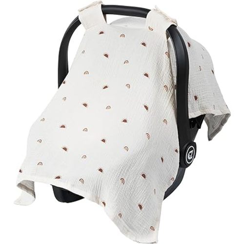 Meracorallo Muslin Baby Car Seat Cover, 100% Organic Cotton Infant Carrier Cover, Lightweight Breathable Soft Carseat Canopy for Baby Boys and Girls (Sun Rainbow)