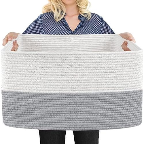 Extra Large Laundry Basket, Rectangle Woven Cotton Rope Storage Basket with Handles, Wicker Laundry Hamper, Farmhouse Storage Bin for Blankets Clothes Toys, Grey, 23.6" x 15.7" x 14.1"
