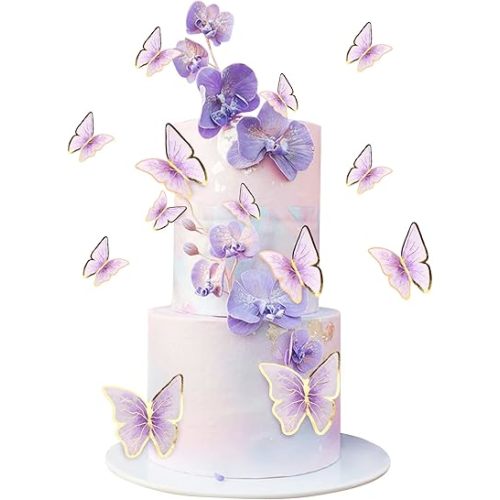 30pcs Purple Gold Edge Mixed Size Lively 3D Waterproof Butterfly Cupcake Topper for Girls Women's Happy Birthday Wedding Party Cake Wall Party Food Decorations