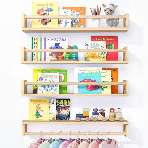Fixwal Nursery Book Shelves, 23.6 Inch Floating Bookshelves for Wall Set of 4, Baby Nursery & Playroom Decor, Solid Wood Wall Mounted Shelves for Books and Toys Storage (Natural Wood)