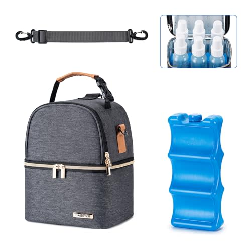 BABEYER Breastmilk Cooler Bag with Ice Pack Fits 6 Baby Bottles up to 9 Ounce, Breastmilk Pump Cooler Bag with Shoulder Strap for Nursing Mom Daycare, Work, Travel- Grey