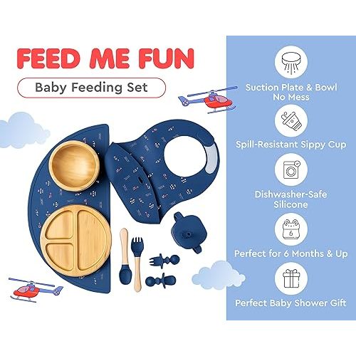 Bamboo Baby Feeding Set for Infants & Toddlers - Baby Essentials, Non-Toxic, Sustainable, Bamboo Suction Plate & Bowl, Bib, Sippy Cup w/Lid & Straw, Perfect Baby Shower Gifts (Midnight Blue)