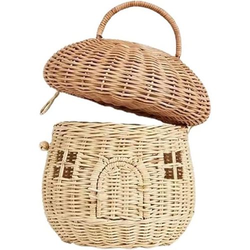 Mushroom Basket with Lid, Mushroom Rattan Storage Basket, in a Box House - Small Doll house, Decorative Hand Woven Basket, Wicker Decoration Artwork