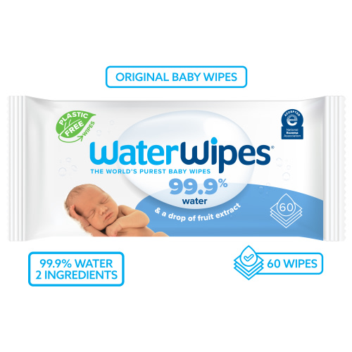 WaterWipes Plastic-Free Original 99.9% Water Based Baby Wipes, Unscented for Sensitive Skin, 60 Count (1 pack)