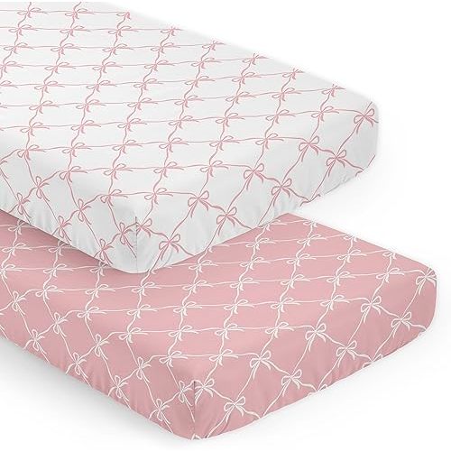 Sweet Jojo Designs 2-Piece Baby Crib Sheets Set (Pink and White Bows) for Girls, Infant Nursery, Toddler Room - Fitted, Standard Size (Blush Bow for Shabby Chic, Ballet, Princess Ballerina Collection)
