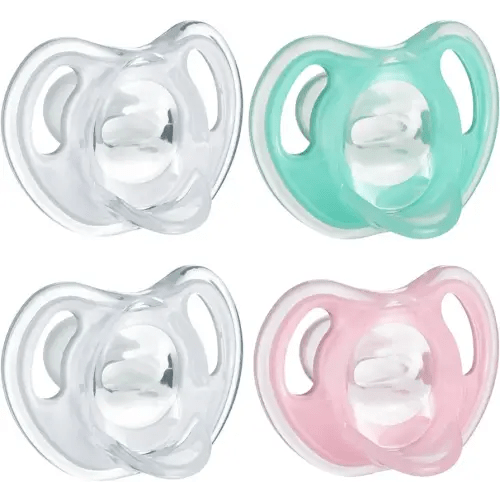 Tommee Tippee Ultra-Light Silicone Pacifier, 0-6 Months, Symmetrical One-Piece Design, BPA-Free Silicone Binkies, Clear/Green/Pink, Pack of 4