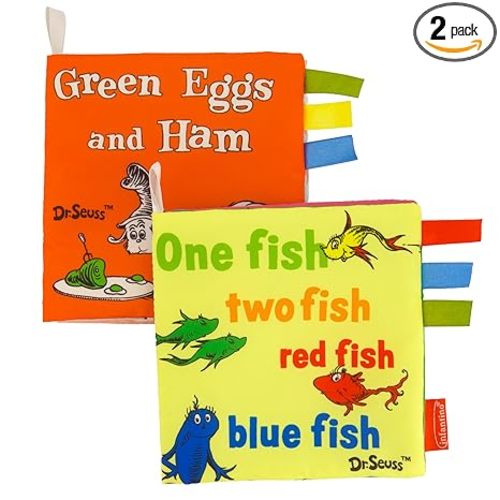 Infantino Dr. Seuss Soft Activity Books, One Fish Two Fish Red Fish Blue Fish & Green Eggs and Ham, Baby Cloth Books with Colorful Pages and Satin Tags for Infants & Toddlers 0+ Months, 2-Pack
