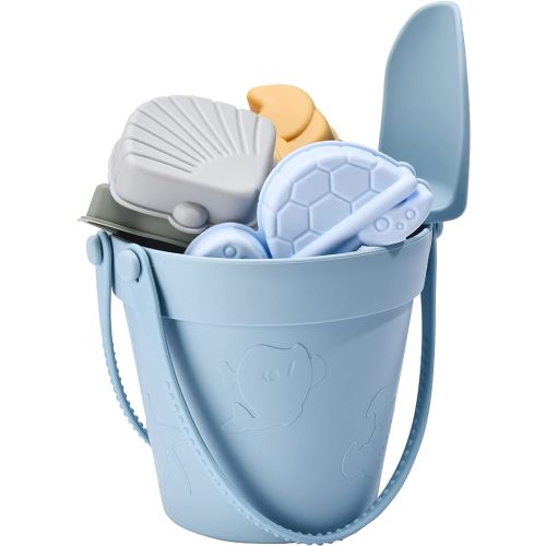 CHILDLIKE BEHAVIOR Silicone Baby Beach Toys - 10x10-Inch Travel Friendly Beach Toy Set - Durable Sandbox Toys - Kids Sand Toys Set Includes Sand Bucket, Shovel, and 6 Animal Shaped Sand Molds