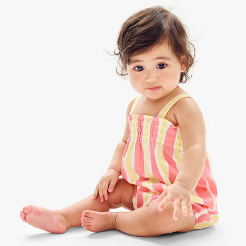 Baby smocked bubble shortie in awning stripe | Primary.com
