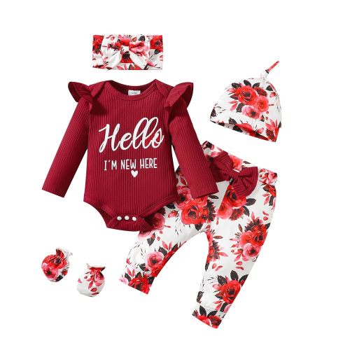 Sinhoon Newborn Baby Girl Clothes Hello I'm New Here Letter Romper+Floral Pants+Hat+Headband+Coming Home Outfits