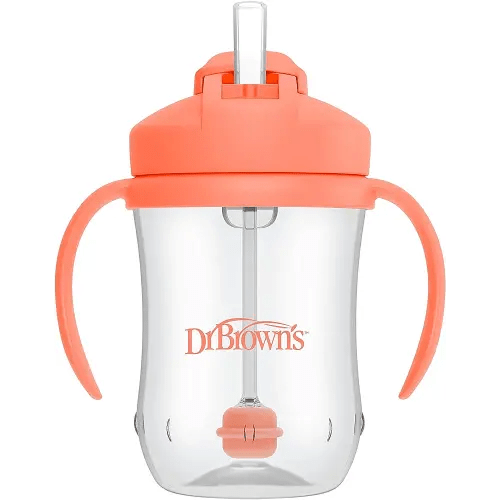 Dr. Brown’s Milestones Baby’s First Straw Cup, Training Cup with Weighted Straw, Coral, 6m+