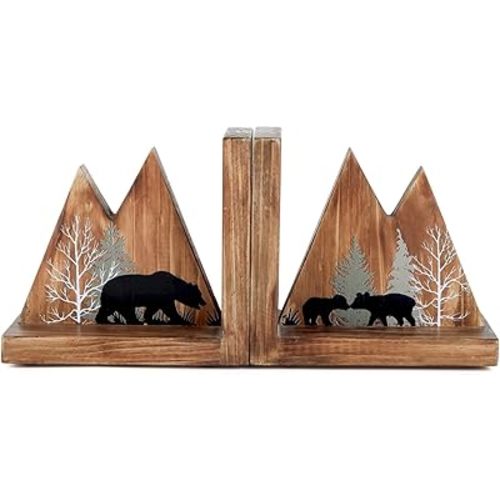 NIKKY HOME Heavy Duty Non Slip Rustic Woodland Mountain Wood Bookend Cute Bear Book Ends Book Stoppers for Cabin Decor Home and Office Shelves Children