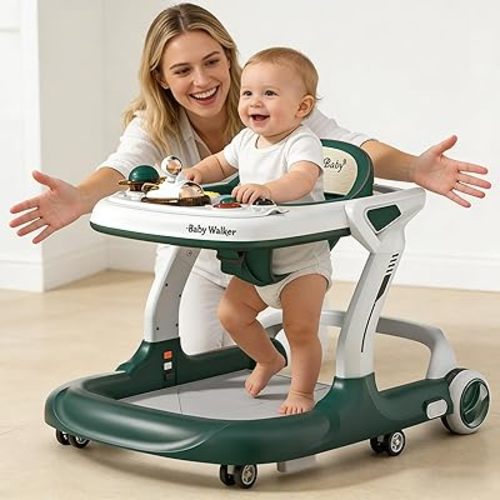Baby Walker with Wheels Music and Lights with 9 Adjustable Heights Anti-Fall Baby Walker and Bouncer Combo for Boys Girls Babies 6-18 Months (Green and White)