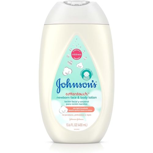 Johnson's CottonTouch Newborn Baby Face and Body Lotion, Hypoallergenic Moisturization for Baby's Skin, Made with Real Cotton, Paraben-Free, Dye-Free, 13.6 fl. oz