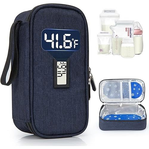 Breast Milk Cooler Travel Bag, Real-Time Temperature Display, Holds 4-6 Breastmilk Storage Bag with 2 Breast Milk Ice Pack, Cooling & Waterproof Portable Cooler for Moms on the Go (Navy Blue)