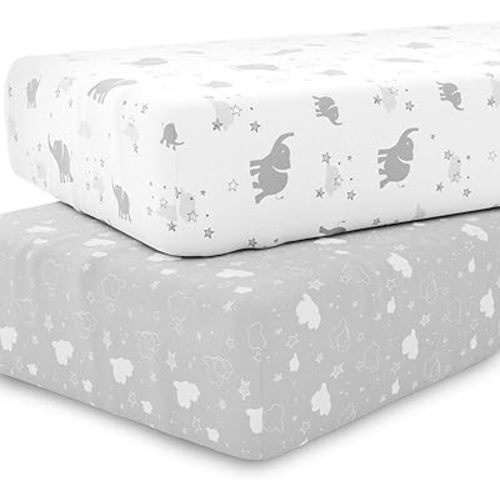 Kids N’ Such Fitted Baby Crib Sheets Baby & Toddler Mattress Cover Set, Elephant/Stars/Clouds, 2 Pack