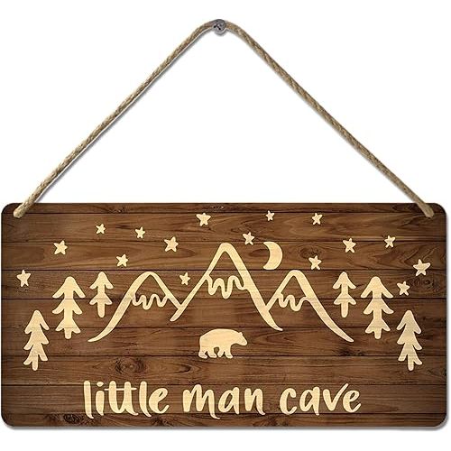 Little Man Cave Sign Woodland Nursery Wall Decor for Baby Boys Rustic Bear Forest Animal Wood Signs, Nursery Room Decor for Boys Bedroom Farmhouse Sign Wooden Wall Art 10x8 Inch