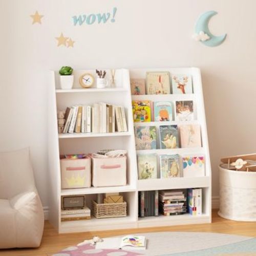Kids Bookshelf and Toy Storage Organizer, 4-Tier Wooden Book Display Shelf for Playroom or Nursery, White