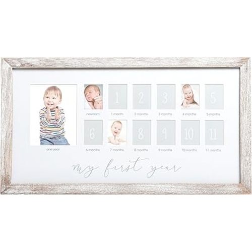 Pearhead My First Year Picture Frame, Baby's First Twelve Months Photo Collage and Gender Neutral Keepsake, Ideal for Baby Shower, New Mom Gift and Nursery Decor, Distressed Wood