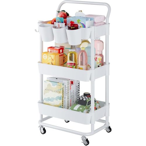 Buzowruil 3-Tier Rolling Utility Cart, Storage Cart with Handle Multi-Purpose and Locking Wheels,with Hanging Basket and Hook for Office, Kitchen, Bathroom,White
