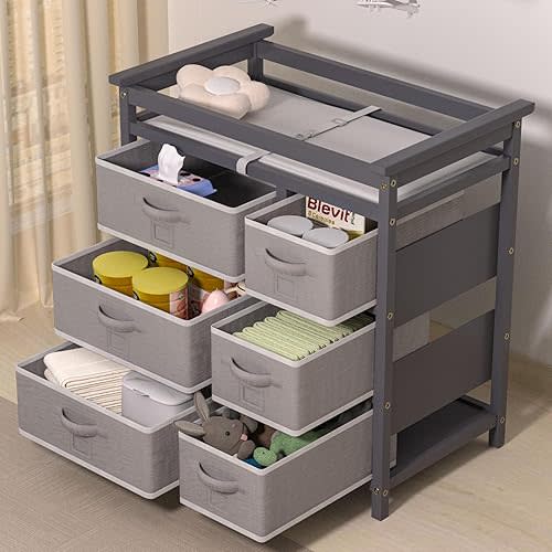 67i Baby Changing Table Toddler Changing Station Dresser Changing Diaper Table with 6 Storage Drawers and Pad Safety Rail & Strap for Nursery Portable Changing Table for Baby Newborn Infant (Grey)