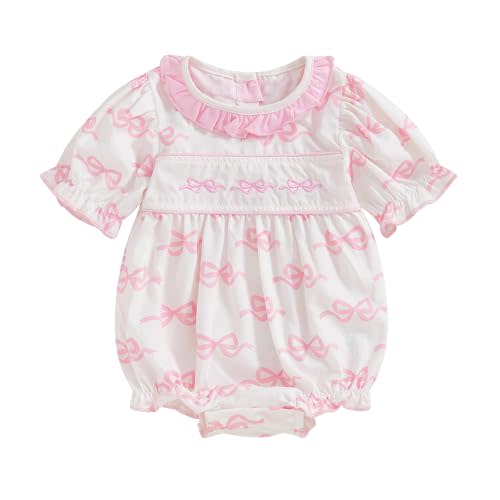 Baby Girl Outfit Short Sleeve Frill Round Neck Bow Embroidery Print Bubble Romper Infant Newborn Girls Clothes Spring Summer