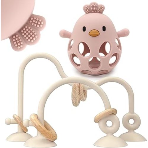 Baby High Chair Suction Toys Teething Chew - Baby Table Toys, Teething Toys Silicone Teethers, Food Grade Silicon for 6 12 18 Months (Beige Rosepink)