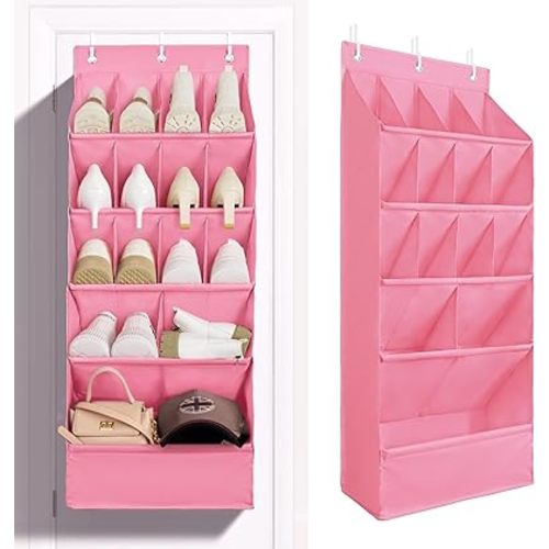 FENTEC 1 Pack Over-the-Door-Shoe-Organizers, Hanging Shoe Organizers with Large Pocket Shoe Holder Hanging Shoe Rack for Closet Shoe Organizer for Wall, Over Door Organizer with 15 Pockets Pink