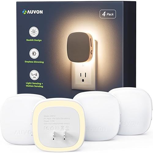 AUVON Plug-in LED Backlit Night Light with Motion Sensor & Dusk to Dawn Sensor, Dimmable Warm White Nightlight with 1-50 lm Adjustable Brightness for Bedroom, Bathroom, Stairs, Hallway (4 Pack)