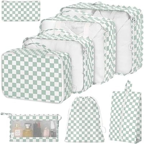 8 Set Packing Cubes for Suitcases,Suitcase Organizer with Shoe,Cosmetics,Clothing, and Accessories Bags for Travel Luggage Organizer Women Men(Green Checkered)
