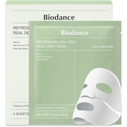 BIODANCE Refreshing Sea kelp Real Deep Mask, Overnight Hydrogel Mask, Calming, Oil & Sebum Control, Blemish Care 1.19oz(34g) x 4ea